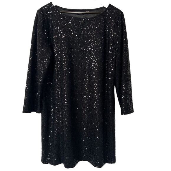 Tahari Sequined Mini Shift Dress Womens Large Black 3/4 Sleeve Scoop Neck - Picture 1 of 6